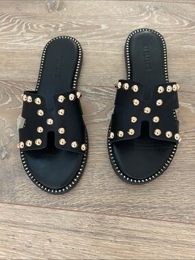 Black Slide Sandals with Gold Stud Accents